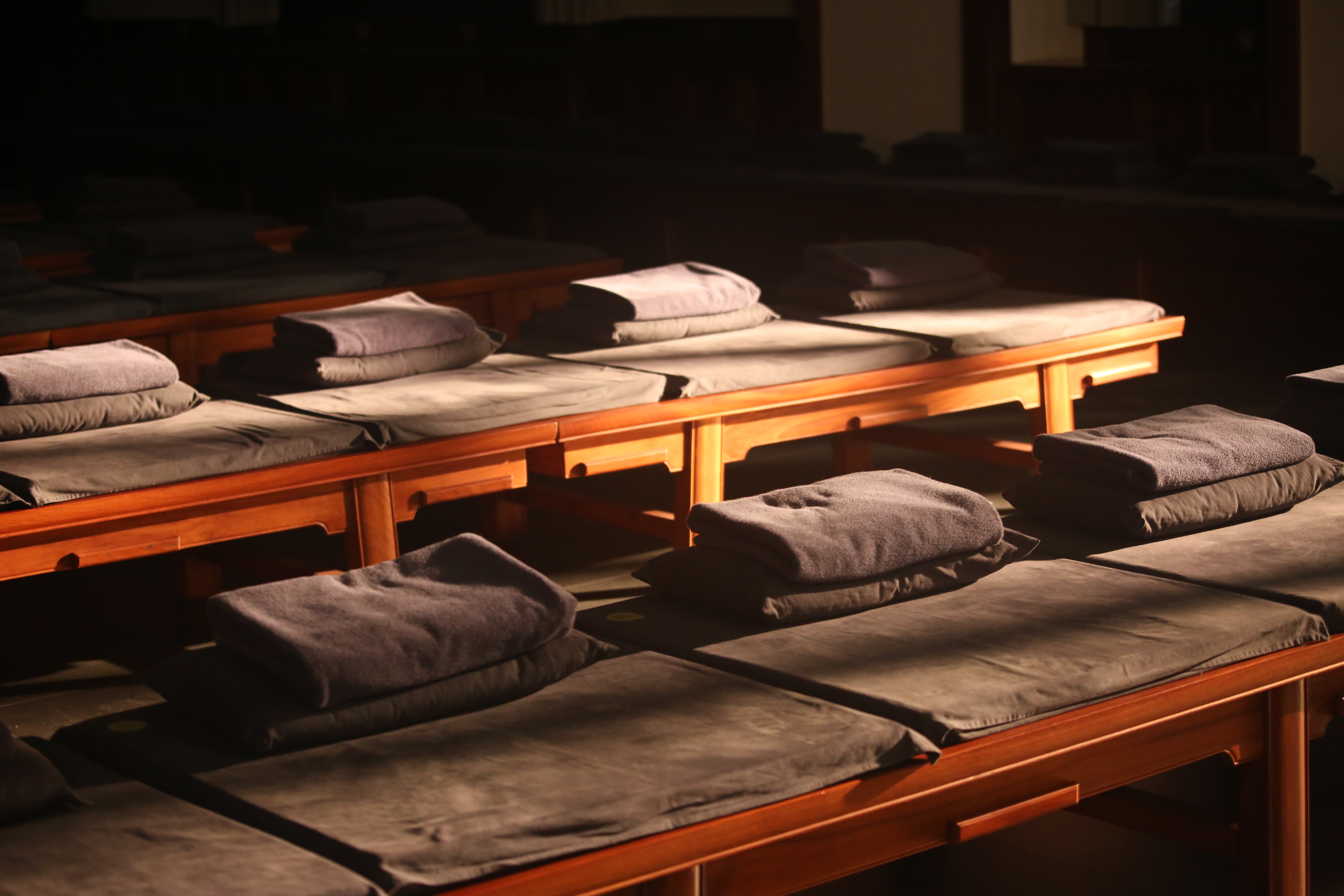 Meditation cushions in temple hall